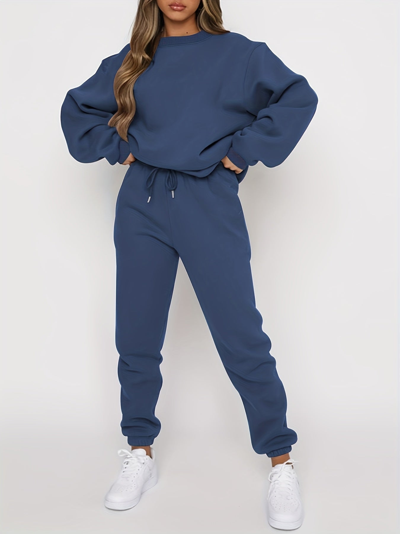[Casual 2pcs Suit] Women's Casual Fashionable & Versatile 2pcs Suit | Autumn & Winter Solid Color Loose Pullover Sweatshirt + Elastic Waist Drawstring Pants