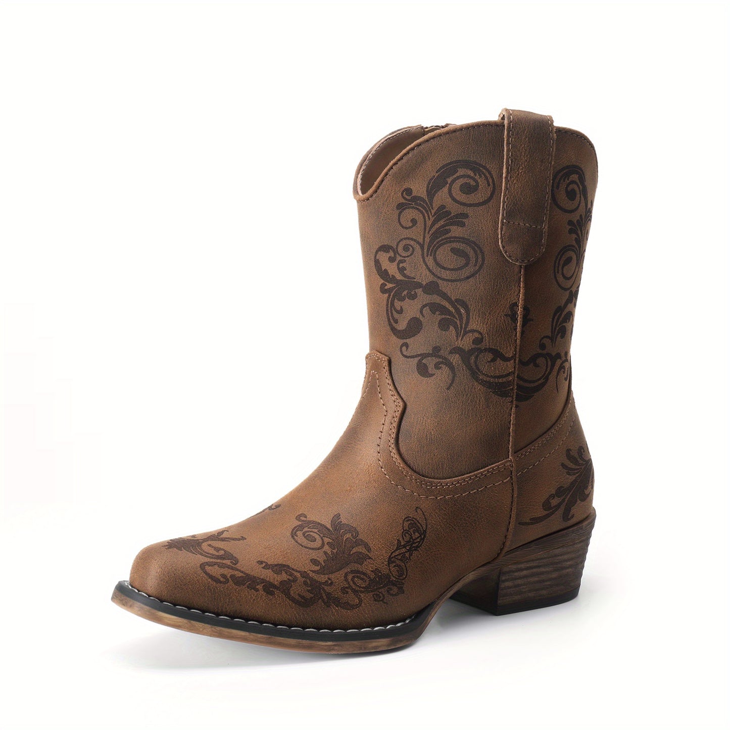Women's Western Cowgirl Boots - Low Chunky Heel Square Toe Ankle Booties with French Heel & TPR Sole, Retro Round/for - Cowboy Boots for Ranch, Festival, Casual Wear (Zipper Closure), Women Shoes