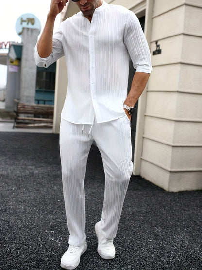 Men's Solid Color Spring/Summer Casual Pure Color Monk-Tie Short Sleeve Shirts And Pants Set