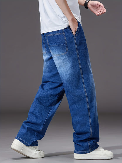 Large Size Jeans Men's Straight Leg Loose Fit Elastic Pants with Added And Extra Pants Elastic Waist Men's Simple And Versatile Denim Pants Men's Jeans Four Season Style, PLUS SIZE