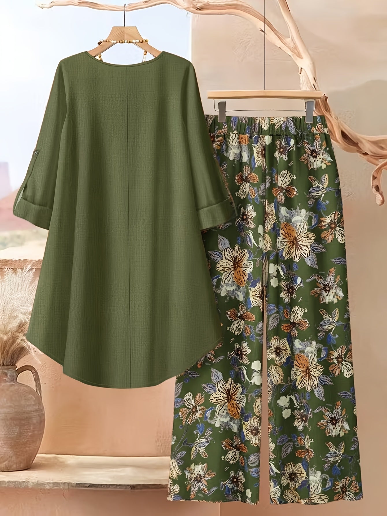 Women's Khaki Floral Printed Wide-Leg Pants - product view 4