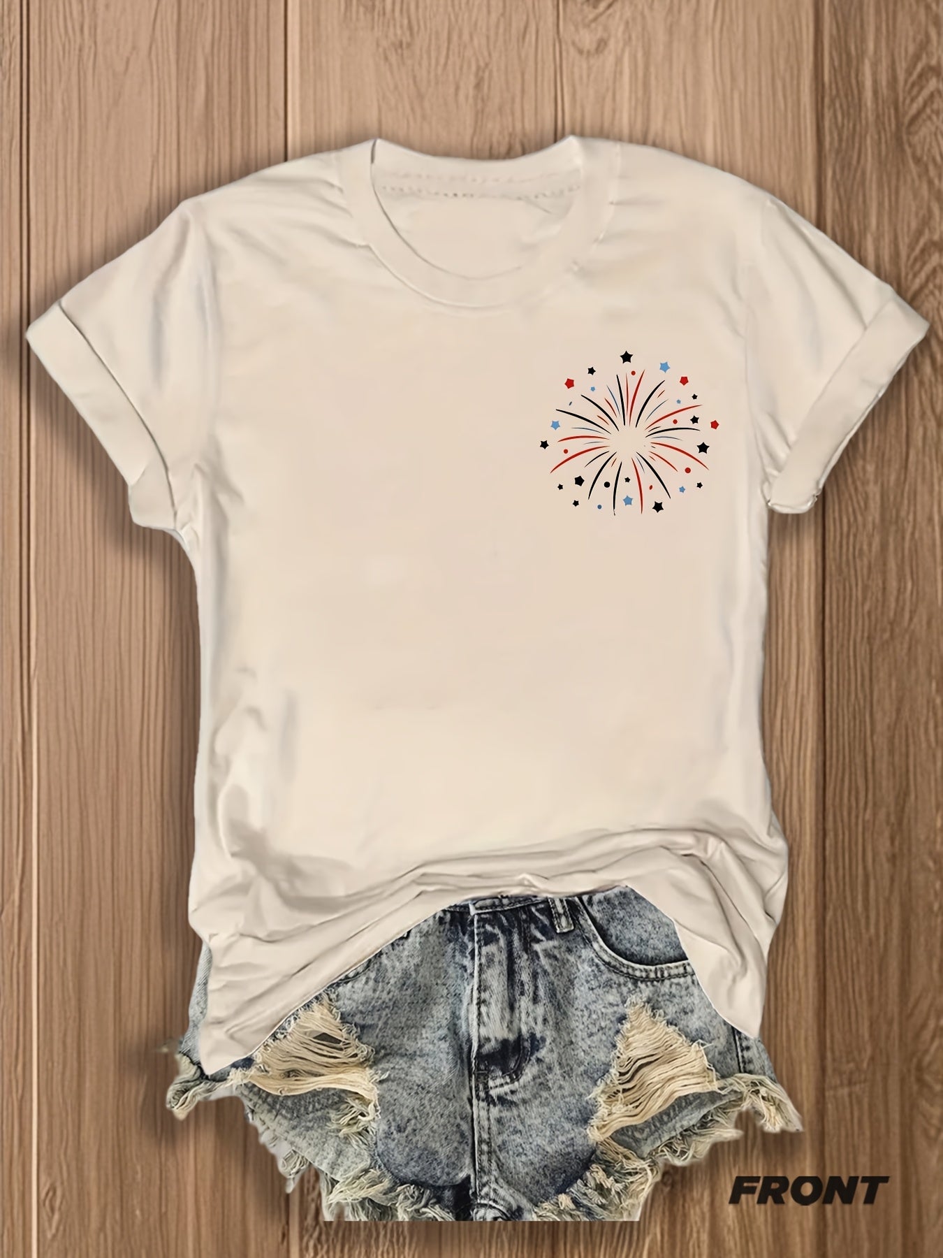 Patriotic Fireworks And Flag Print -blend T-shirt with Double-sided Design for 4th Of July Celebrations - Festive, Casual, And Stylish Graphic Tee for Women | Trendy Independence Day Apparel | -blend T-shirt with Double-sided Print