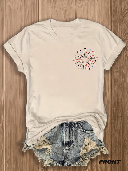 Patriotic Fireworks And Flag Print -blend T-shirt with Double-sided Design for 4th Of July Celebrations - Festive, Casual, And Stylish Graphic Tee for Women | Trendy Independence Day Apparel | -blend T-shirt with Double-sided Print