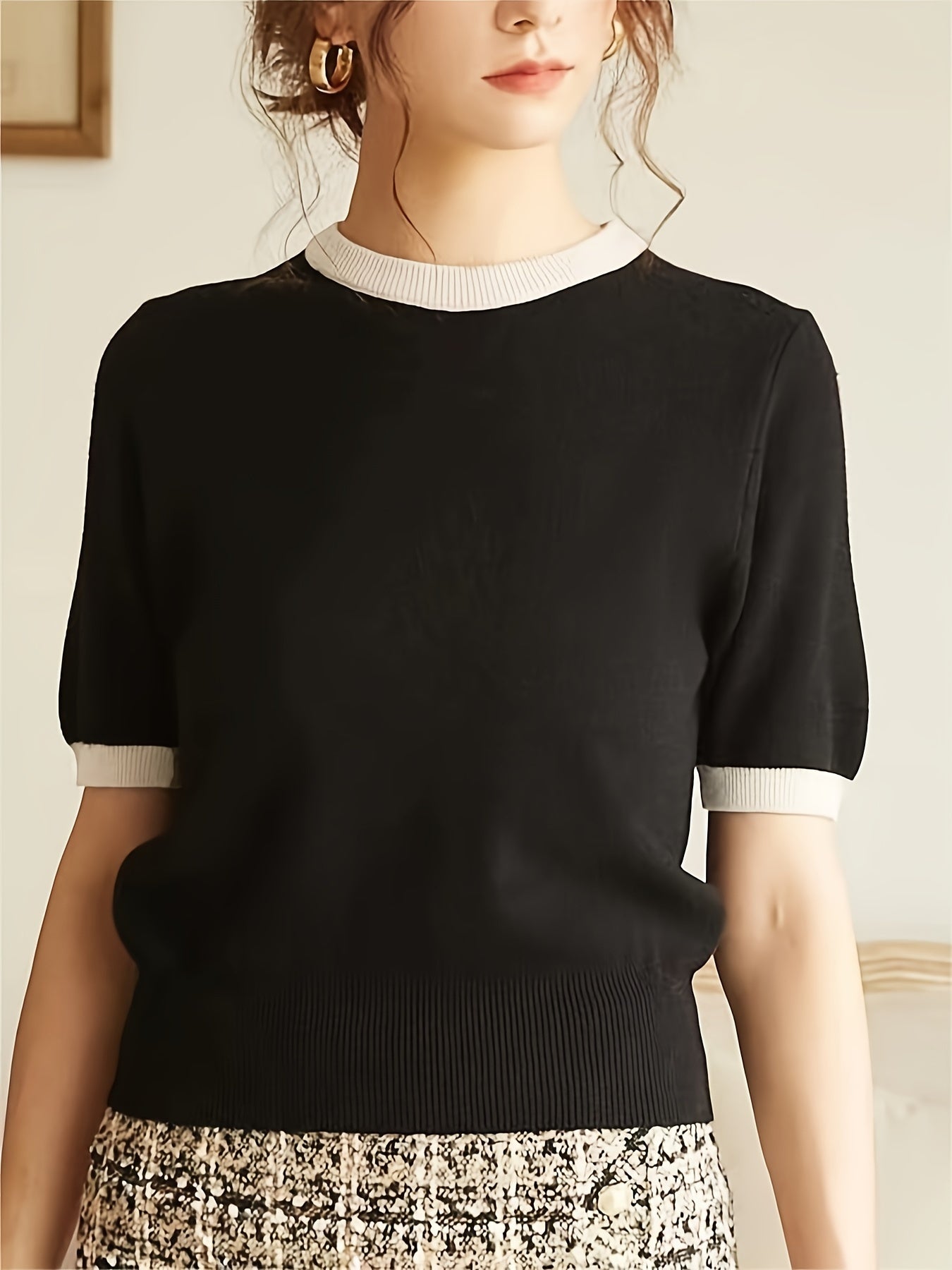 Spring/Summer/Autumn Contrast Trimming Round Neck Holiday Casual Elegant Party Business Commuter Gift Knitted Top T-shirt