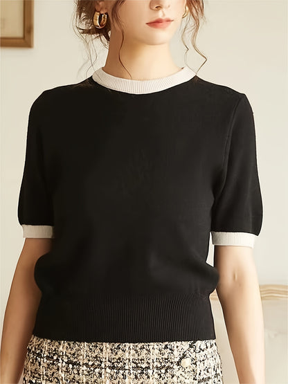 Spring/Summer/Autumn Contrast Trimming Round Neck Holiday Casual Elegant Party Business Commuter Gift Knitted Top T-shirt