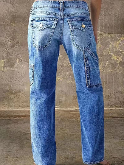 Women'S Spring New Retro Jeans, High-Waisted Loose Style, Multi-Pocket Washed Straight-Leg Denim Pants