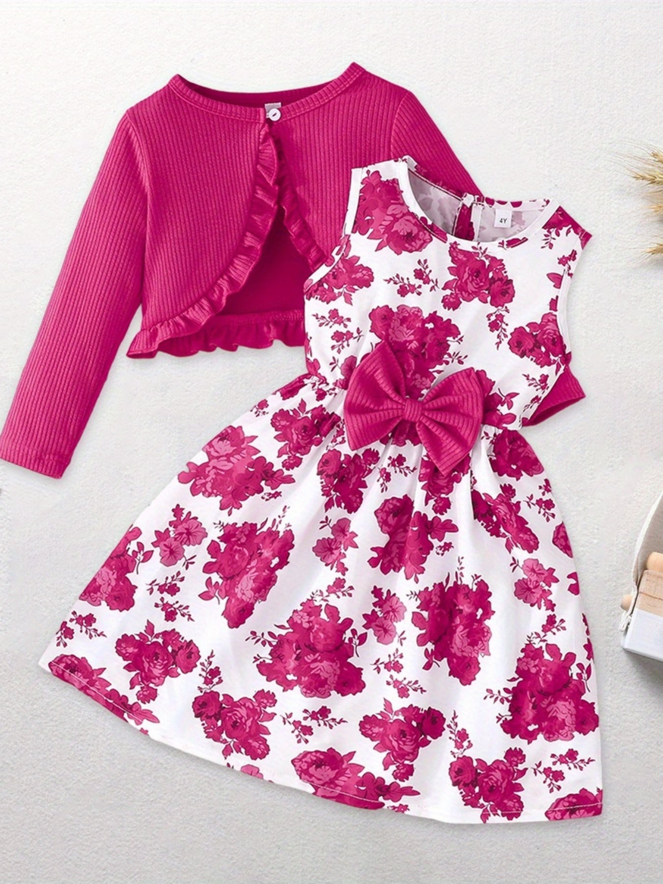 Kid Toddler Baby Girl Fall Outfit Ruffle Trim Long Sleeve Cardigan Flower Print Sleeveless A-line Tank Dress with Bow 2pcs Set, Perfect for Outdoor