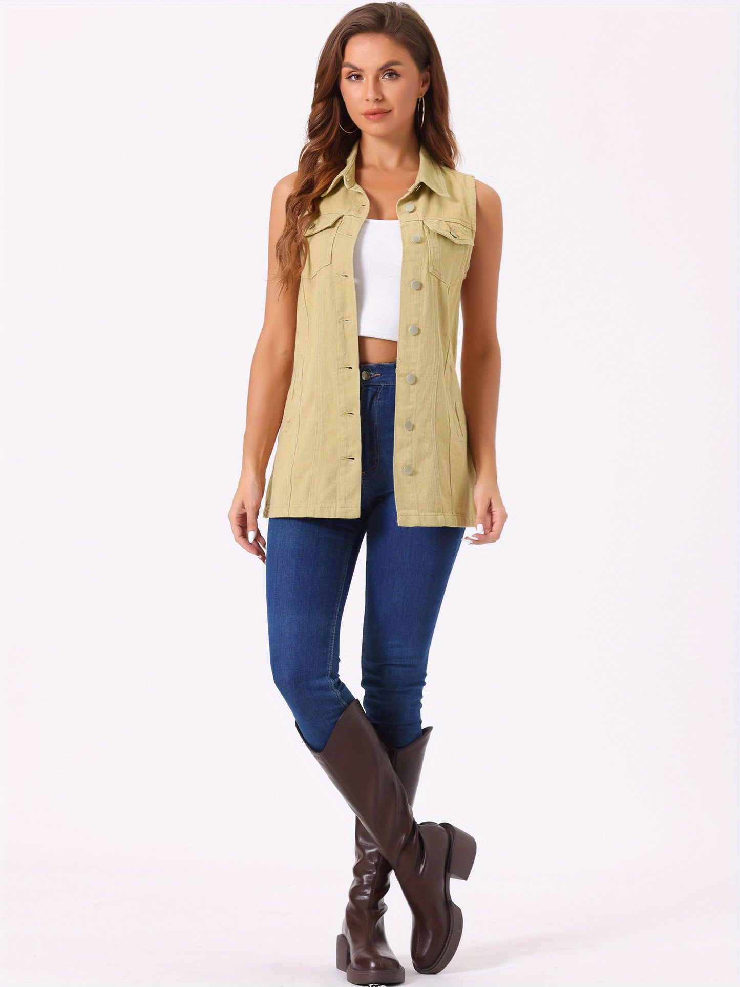 Women'S Denim Vest Sleeveless Button Waistcoat Casual Long Jean Vests