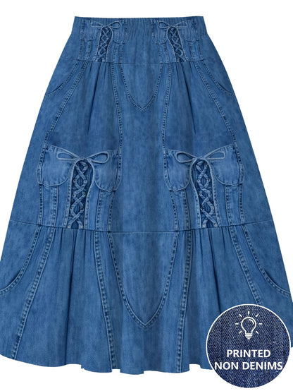 Printed - Not Denim Fabric Blue LaceUp Corset Detail Women's ALine Skirt Elastic Waist, HalfLength, Flowy Design for Spring And Summer, Casual Chic Wear, Polyester Fabric