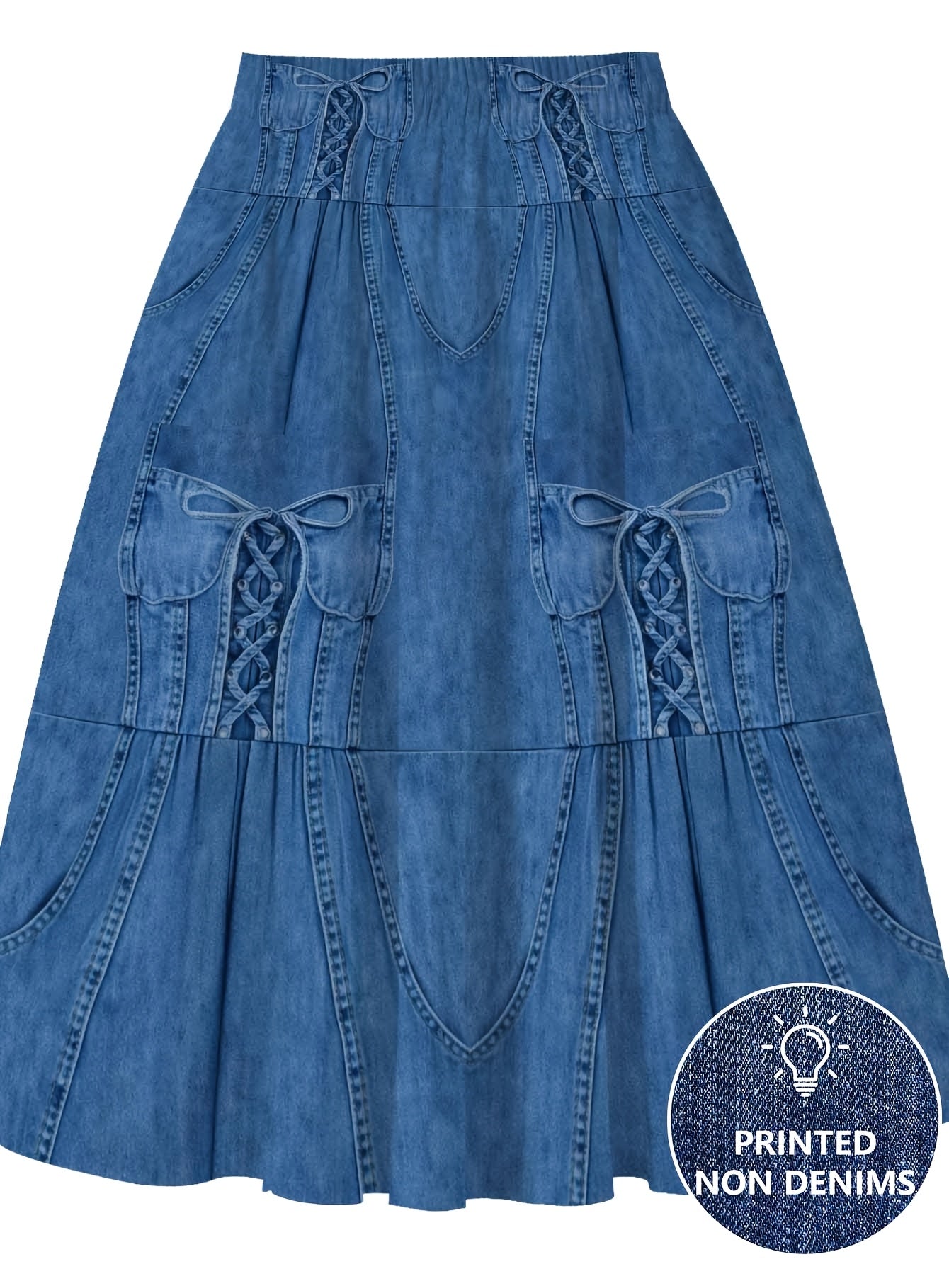 Printed - Not Denim Fabric Blue LaceUp Corset Detail Women's ALine Skirt Elastic Waist, HalfLength, Flowy Design for Spring And Summer, Casual Chic Wear, Polyester Fabric
