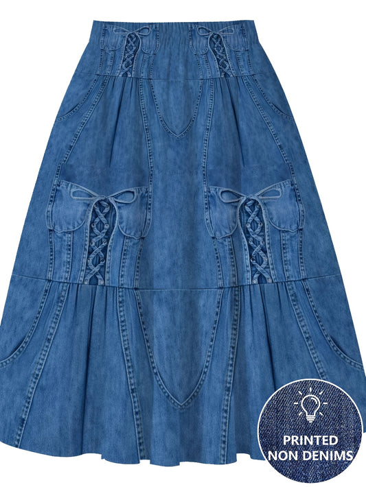 Printed - Not Denim Fabric Blue LaceUp Corset Detail Women's ALine Skirt Elastic Waist, HalfLength, Flowy Design for Spring And Summer, Casual Chic Wear, Polyester Fabric