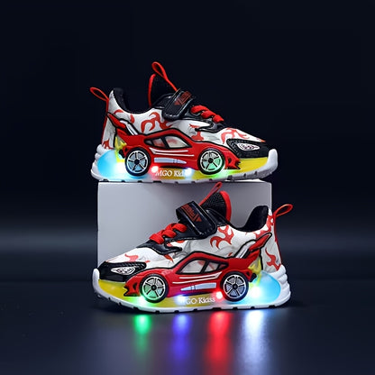New Cartoon Car LED Light-Up Kids Sports Shoes, Non-Slip PVC Sole, All-Season Athletic Casual Shoes for Boys And Girls Ages 3-6.