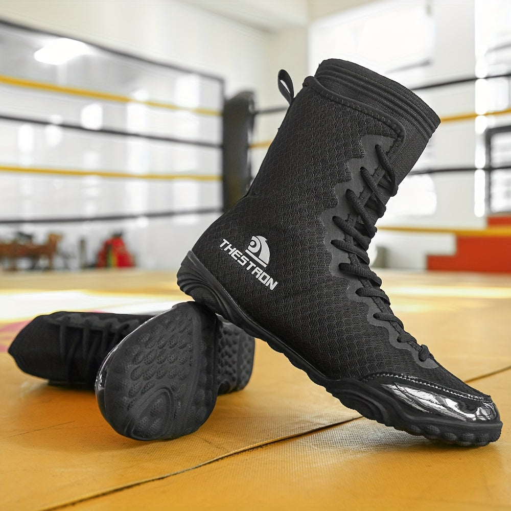Men's High-Top Boxing Shoes - Non-Slip, Comfortable Wrestling & Training Sneakers for Indoor Sports, Black/White