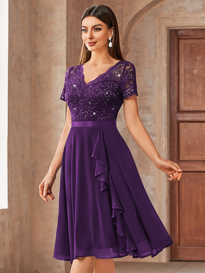 24224 Elegant Womens Sequin Lace Chiffon A Line Bridesmaid Dress, V Neck Short Sleeves, Ruched Ruffle Hem, Perfect for Graduation Season, Wedding Season, Summer Wedding Guest, Evening Party, Cruise Party And Birthday Celebration