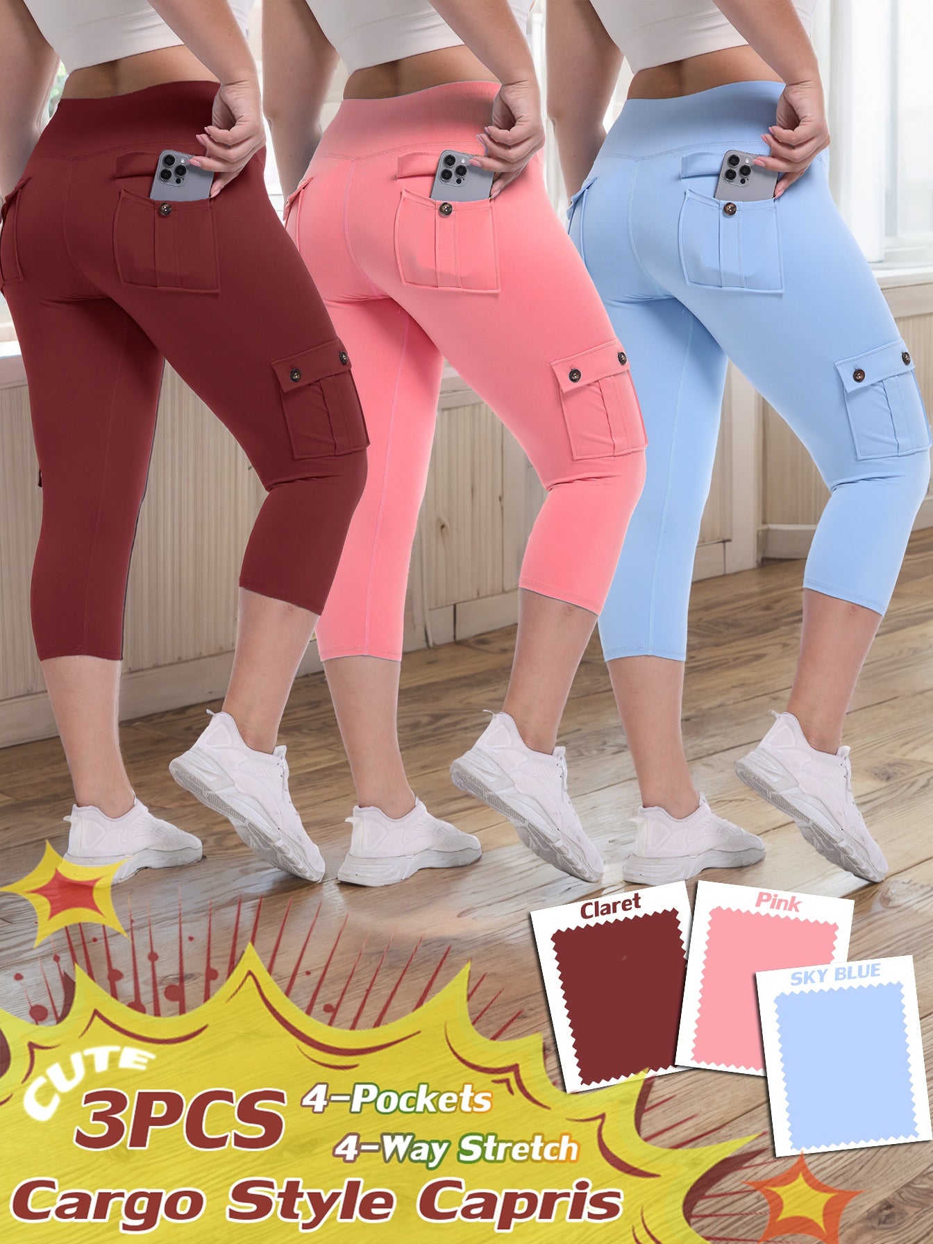 3-packs High Waist Yoga Capri Pants 3pcs Capri Pants Set, 4 Way Stretch Butt Lifting Tummy Control, 4 Button Pockets Workout Running Sports Pants