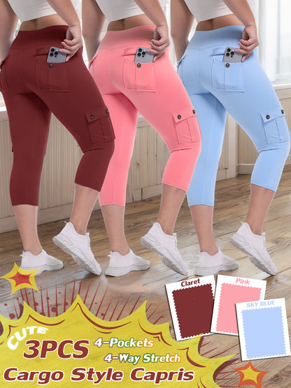 3-packs High Waist Yoga Capri Pants 3pcs Capri Pants Set, 4 Way Stretch Butt Lifting Tummy Control, 4 Button Pockets Workout Running Sports Pants