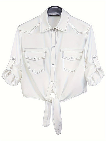 [Denim Crop Top] Chambray Denim Women's Crop Top | Roll Up 3/4 Sleeve Tie Front Knot Shirt