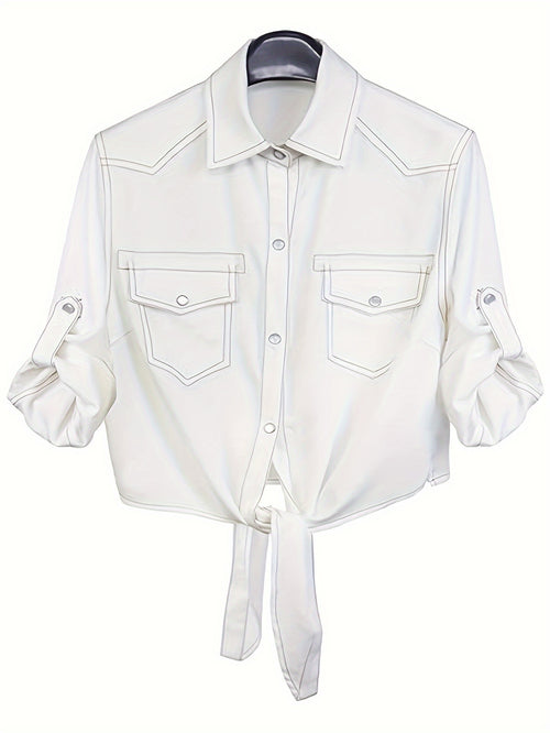 [Denim Crop Top] Chambray Denim Women's Crop Top | Roll Up 3/4 Sleeve Tie Front Knot Shirt