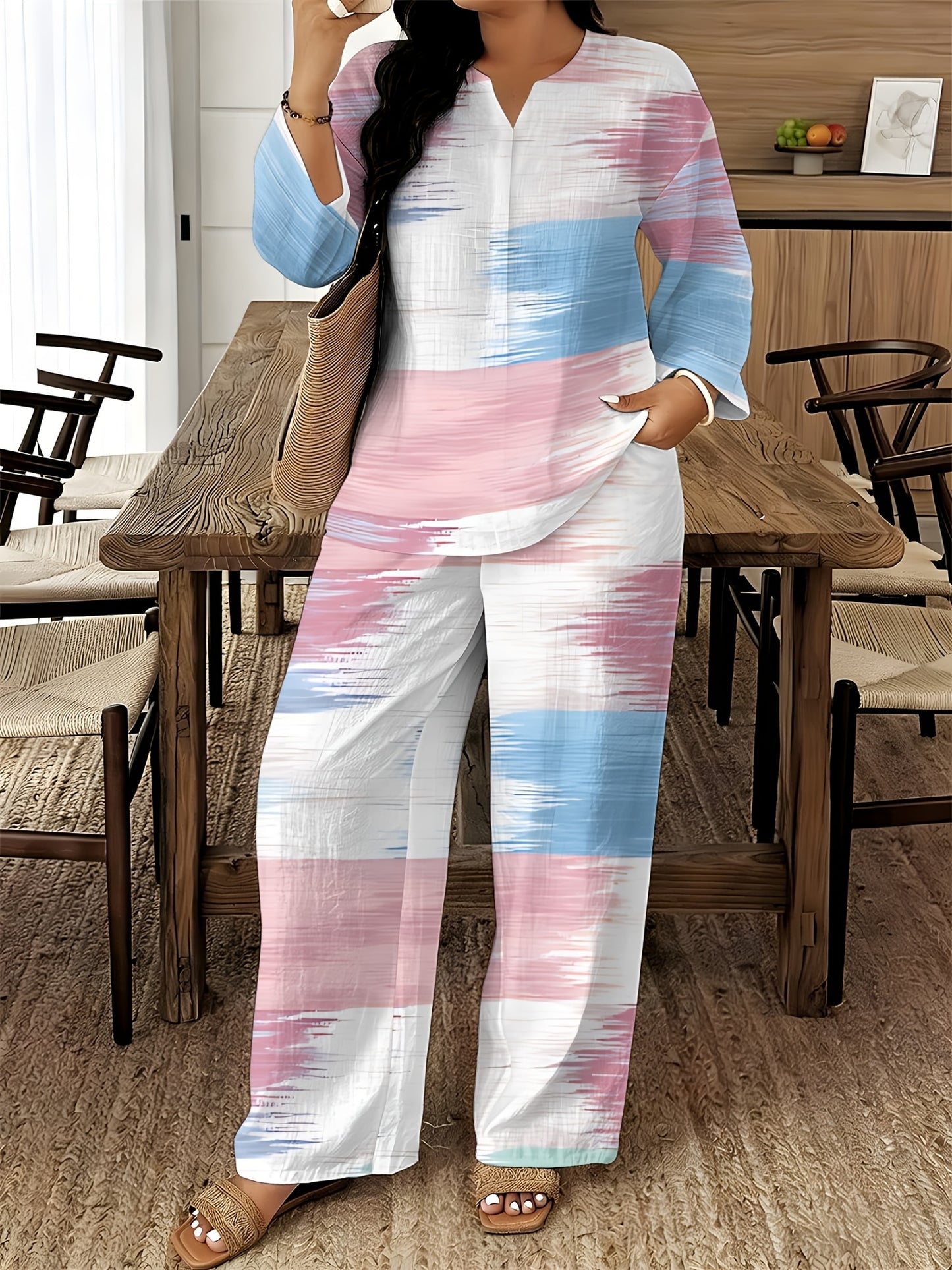2026 New Women's Standard Size Long Sleeved Pants 2pcs Set, Set, Spring And Summer New V-Neck Long Sleeved Shirt Printed Elastic Waistband Pants 2pcs Set, Digital Printing Machine Washable Fabric, Elegant And Comfortable