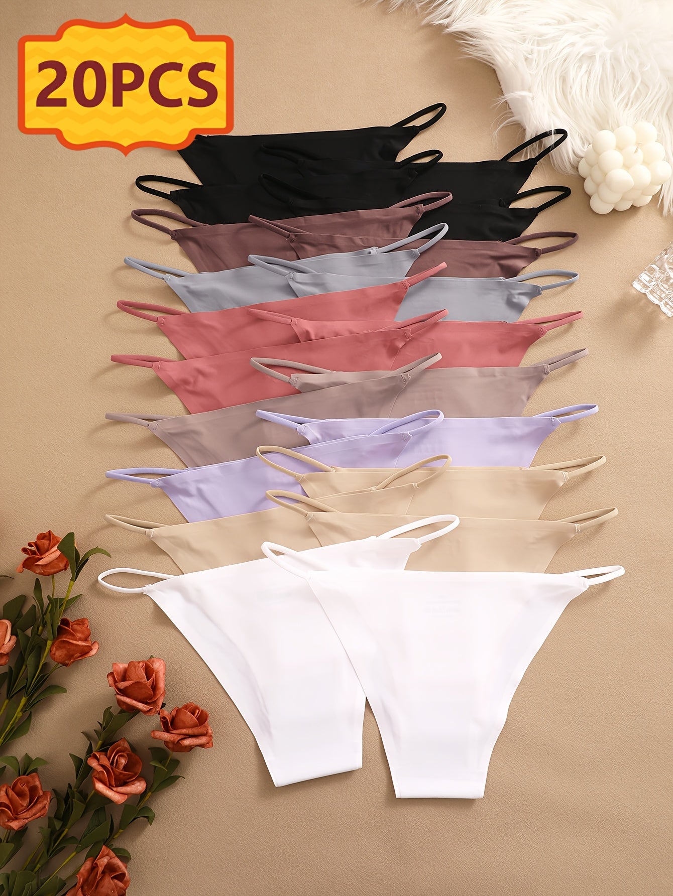 20pcs Set Of Seamless Bikini Underwear, Seamless Drawstring Underwear, Fashionable, Sexy, Comfortable And Skin Friendly Underwear, Suitable For Daily Commuting, Women'S Underwear And Panties