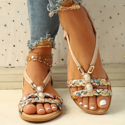 [Beach Vacation Shoes] Women's Flat Sandals Bohemian Floral Braided Straps Rhinestone Beaded Elastic Slingback Summer Beach Vacation Shoes Casual Walking Footwear For Ladies Teens Lightweight Comfortable Dressy Sandals Cruise Outfit Essential Daily Wear L