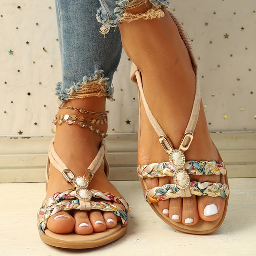 [Beach Vacation Shoes] Women's Flat Sandals Bohemian Floral Braided Straps Rhinestone Beaded Elastic Slingback Summer Beach Vacation Shoes Casual Walking Footwear For Ladies Teens Lightweight Comfortable Dressy Sandals Cruise Outfit Essential Daily Wear L