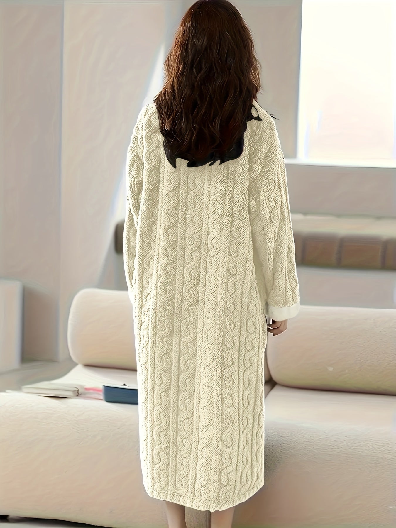 Ladies' Thick Coral Velvet Sleeper Robe - Super Soft Long with Pocket, Winter Home Sleeper, Machine Washable SPA Casual Clothing, Comfortable and Warm Home Outfit, Round Neck Warm Sleeper, Durable and Comfortable Material