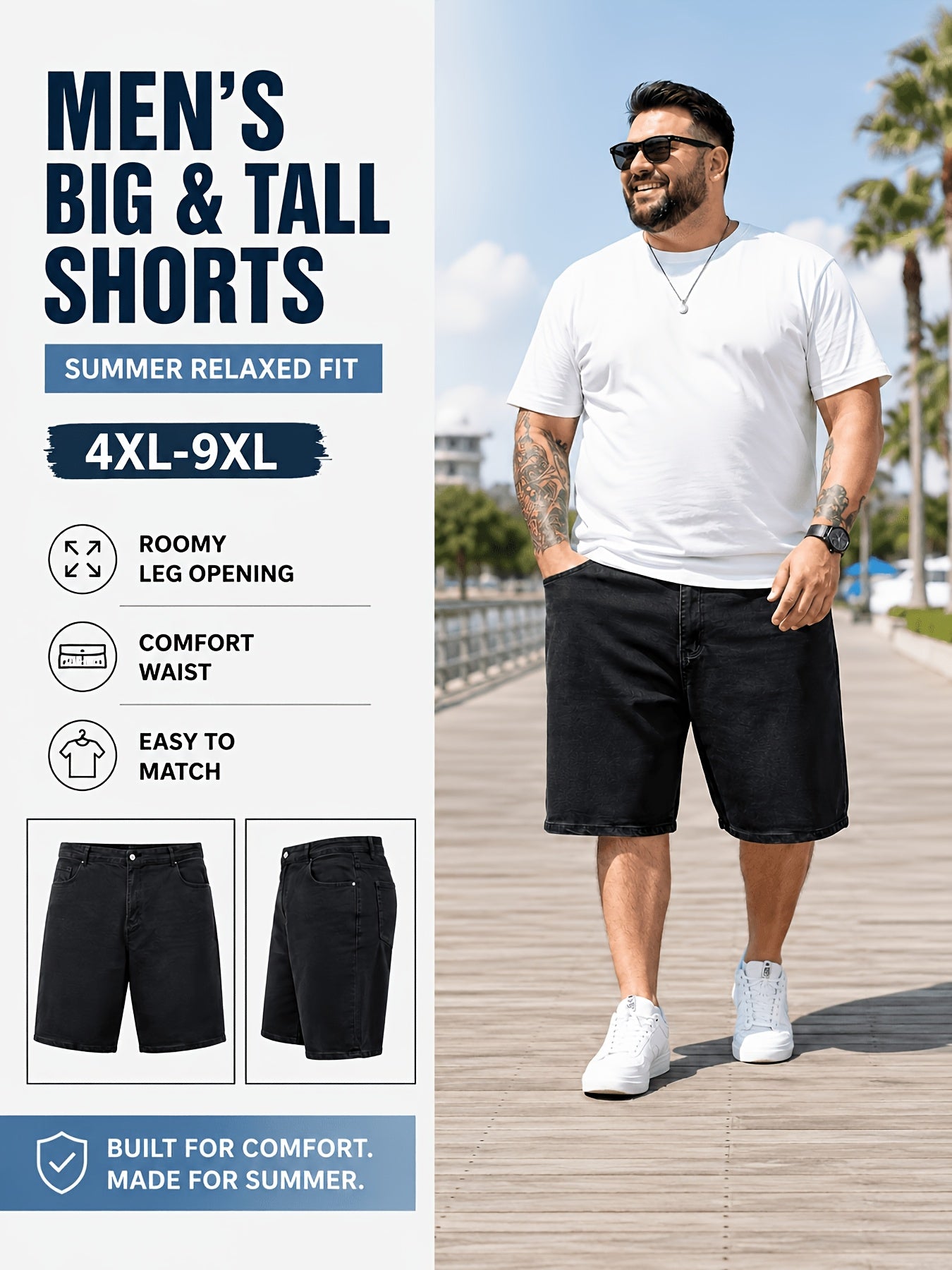 Men'S Big And Tall Clothing Black Denim Shorts, Loose Fit Everyday Jean Shorts with Deep Pockets, Plus Size