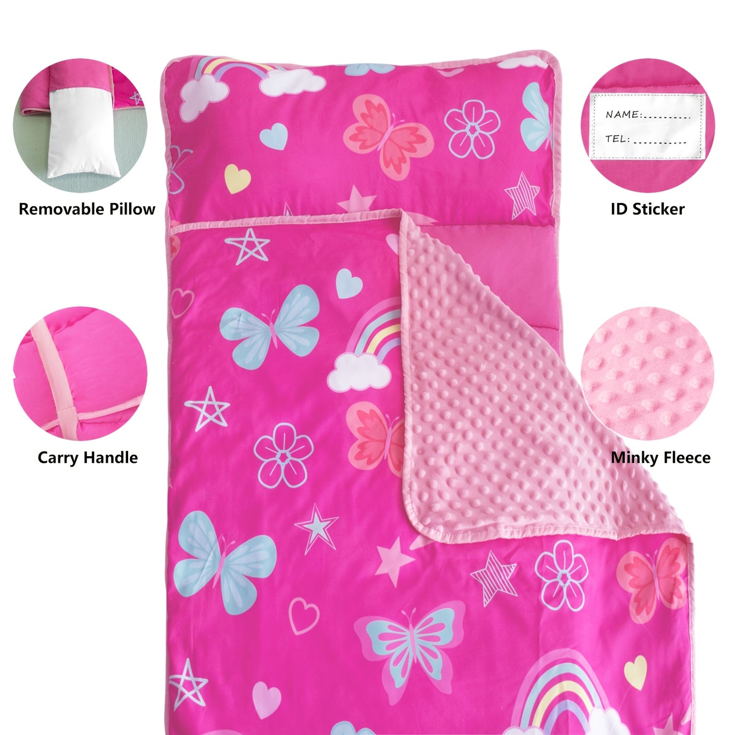 Primlect Portable Nap Mat with Pillow, Lightweight & Cooling Minky Dot Material, Foldable, Breathable & Ideal for Travel and Preschool Daycare, Soft Nap Blanket for Girls & Boys, Perfect Father's Day Gift