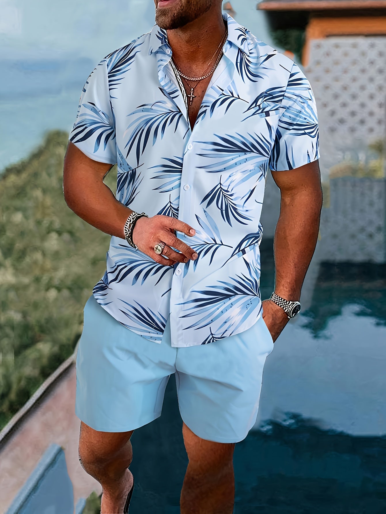 Men's 2pcs Set of Casual Leaf Print Collared Short-Sleeved Button-Up Shirt And Shorts, Suitable for Summer Outdoor Activities