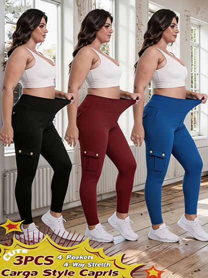 3-Pack High Waisted Cargo Yoga Pants With Slide Pockets - Tummy Control, 4 Pockets, Breathable 4-Way Stretch, Moisture Wicking, Perfect For Running, Gym & Yoga Lovers