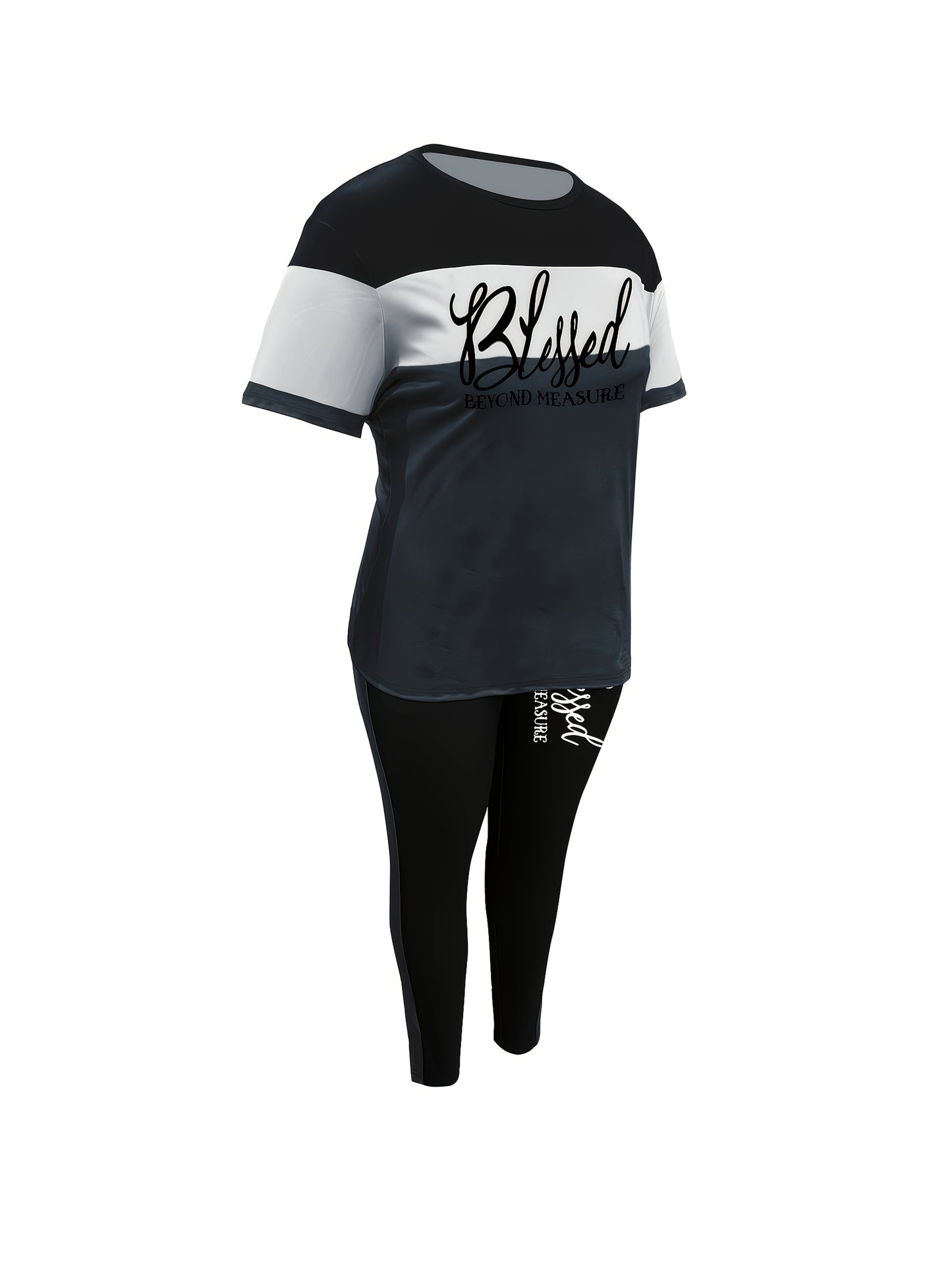Women's Casual Two-Piece Outfit "BLESSED" Letter Print Color-Block T-Shirt And Pocket Pants Set