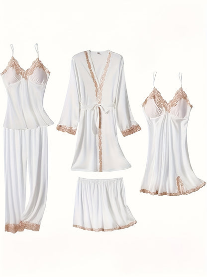 5pcs Set of Women'S Lace Sleepwear, Featuring a Charming Pajama, Casual Satin Outfit That Is Loose, Cozy, And Soft. The Set Includes a Robe, a Strap Skirt, a Short Tank Top, Shorts, And Pants