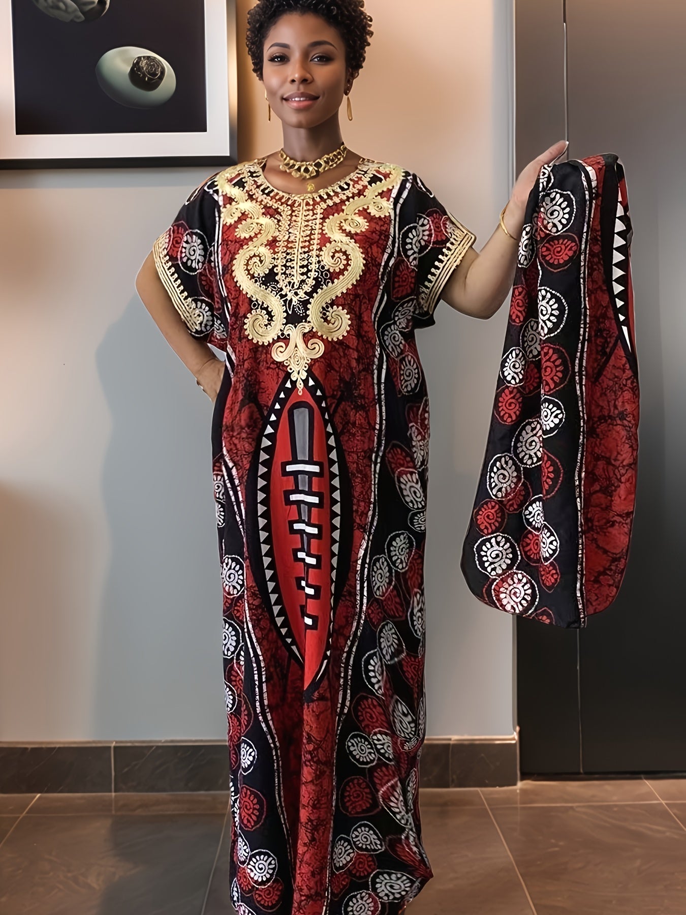 Women'S Maxi Kaftan Dress - Arabic Abaya Robe with Golden & Black Islamic Embellishments | Round Neck, Batwing Sleeves, Long Length, Embroidered Details, Machine Washable