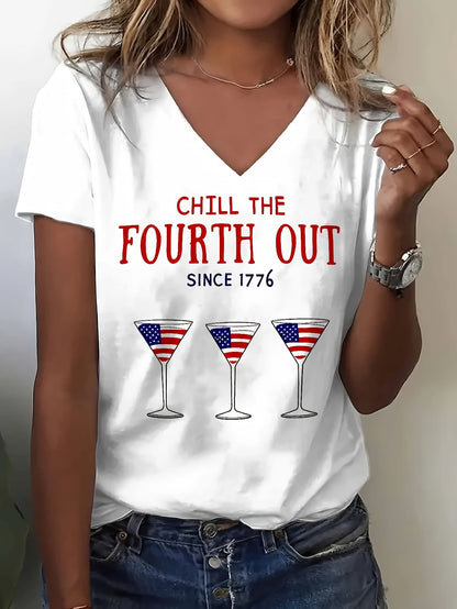 Casual American Flag Wine Glass Print T-Shirt, Perfect for Home, Outings, or as a Gift|Ideal Choice for Birthday Gifts, Valentine's Day, Etc., Home V-neck Short-sleeve Top