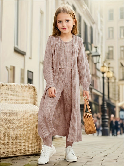 Stretchy Knitwear 3pcs Girls, Long Sleeve Shawl Knit Cardigan + Top + Leggings Kids Gift, perfect for casual outdoors & walking dog, Perfect for Outdoor