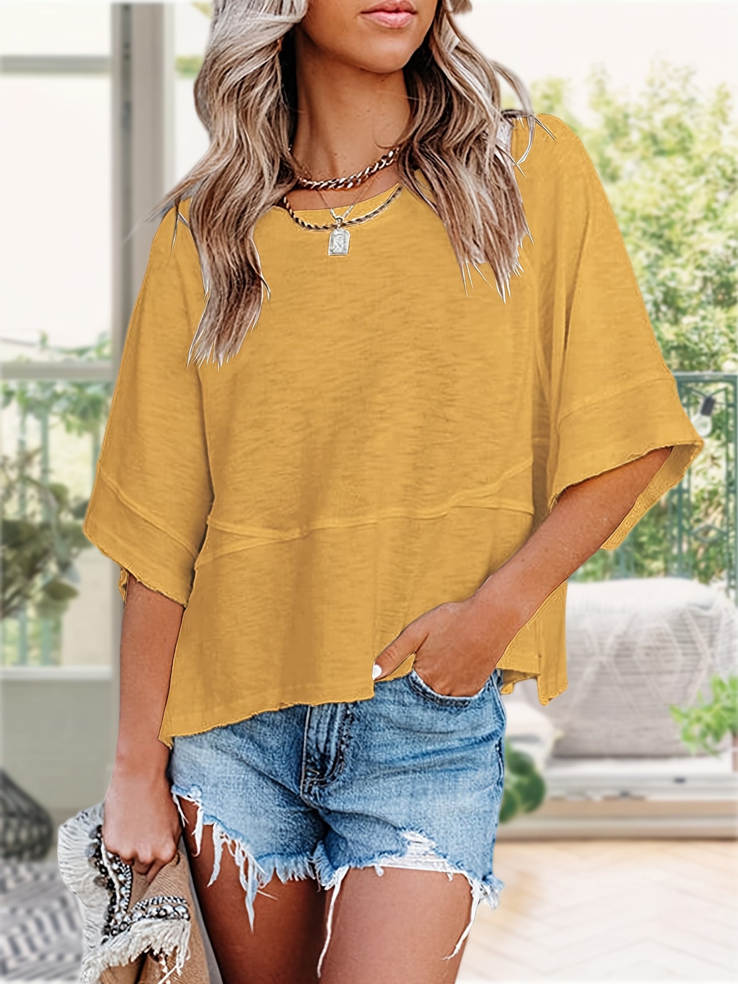 Women'S Summer Casual Crewneck Batwing Half Sleeve T-Shirts Solid Color Loose Fit Cute Basic Flowy Tops Tees Blouses