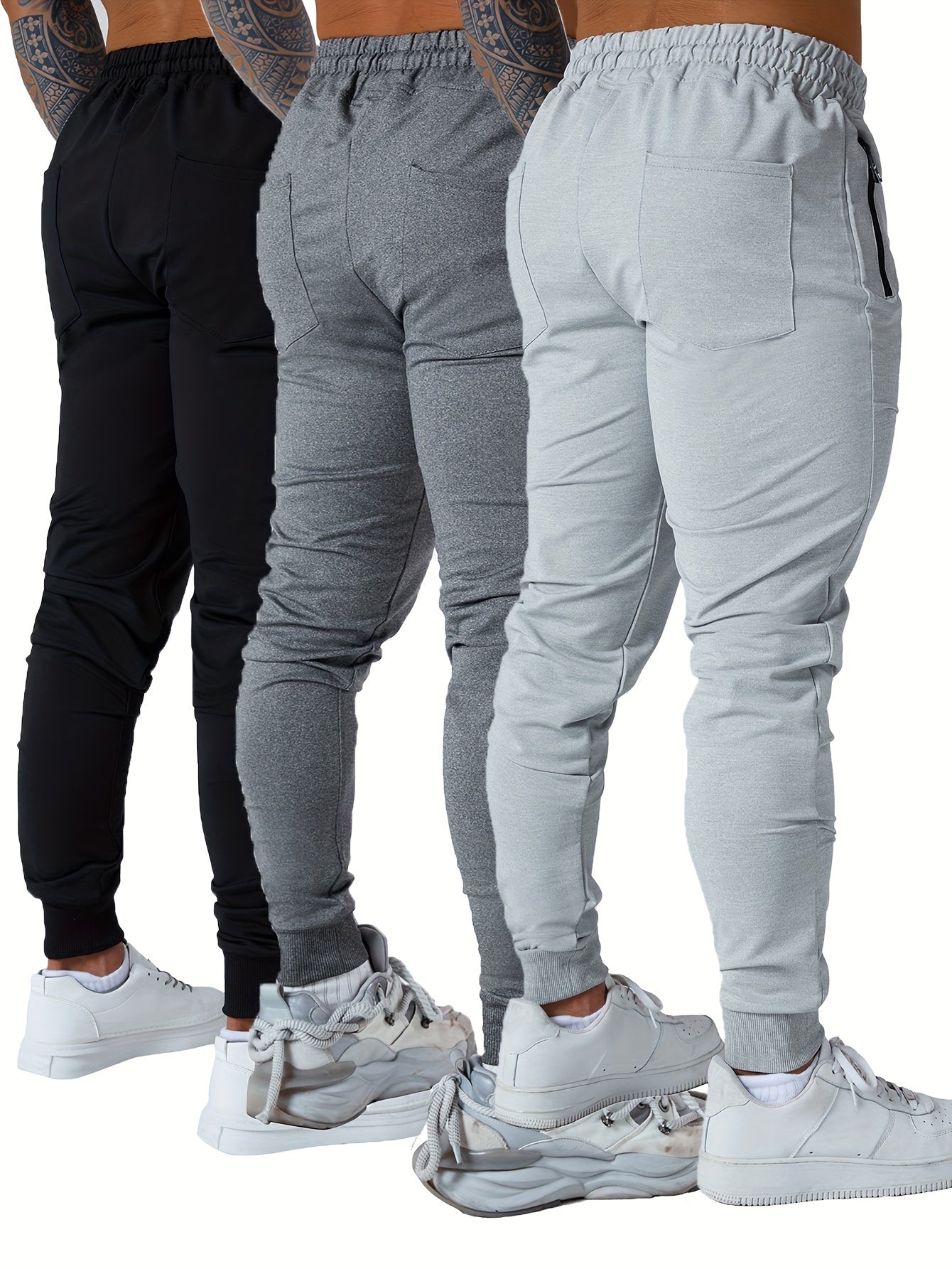 3PCS Men's Sweatpants with Zipper Pockets Tapered Joggers for Men - Athletic Pants for Workout, Jogging, Running - Breathable & Comfortable Fabric - Suitable for Men - Perfect for Fitness Enthusiasts