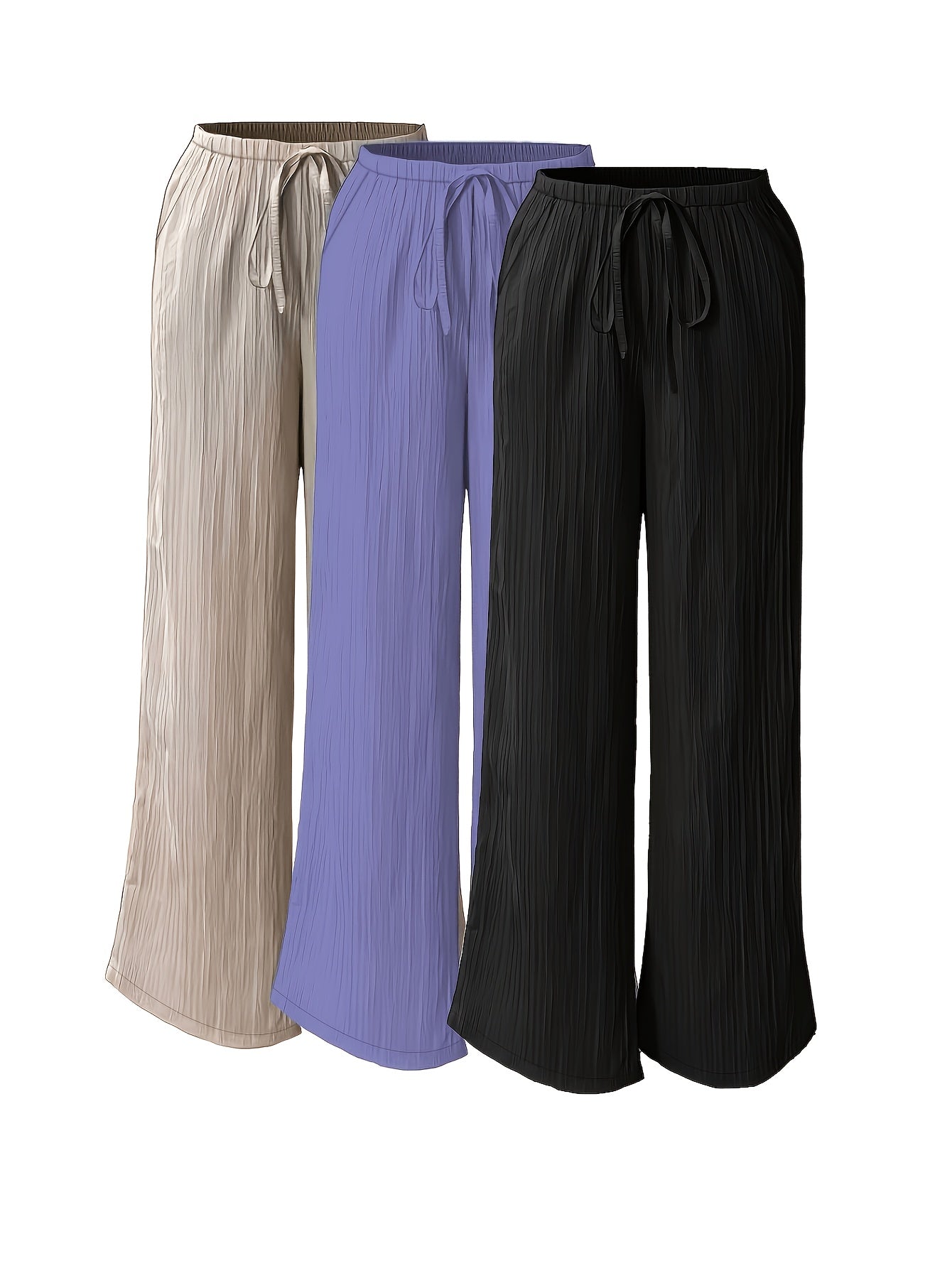 3pcs Elegant Ladies' Pants Set - Elegant Casual Solid Color Wide Leg Trousers, Versatile High-Waisted Pants for Spring & Summer, Perfect for Daily Wear And Vacation, Summer Vacation Beach Flowy Trousers with Pockets
