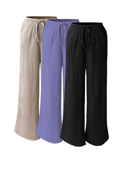 3pcs Elegant Ladies' Pants Set - Elegant Casual Solid Color Wide Leg Trousers, Versatile High-Waisted Pants for Spring & Summer, Perfect for Daily Wear And Vacation, Summer Vacation Beach Flowy Trousers with Pockets