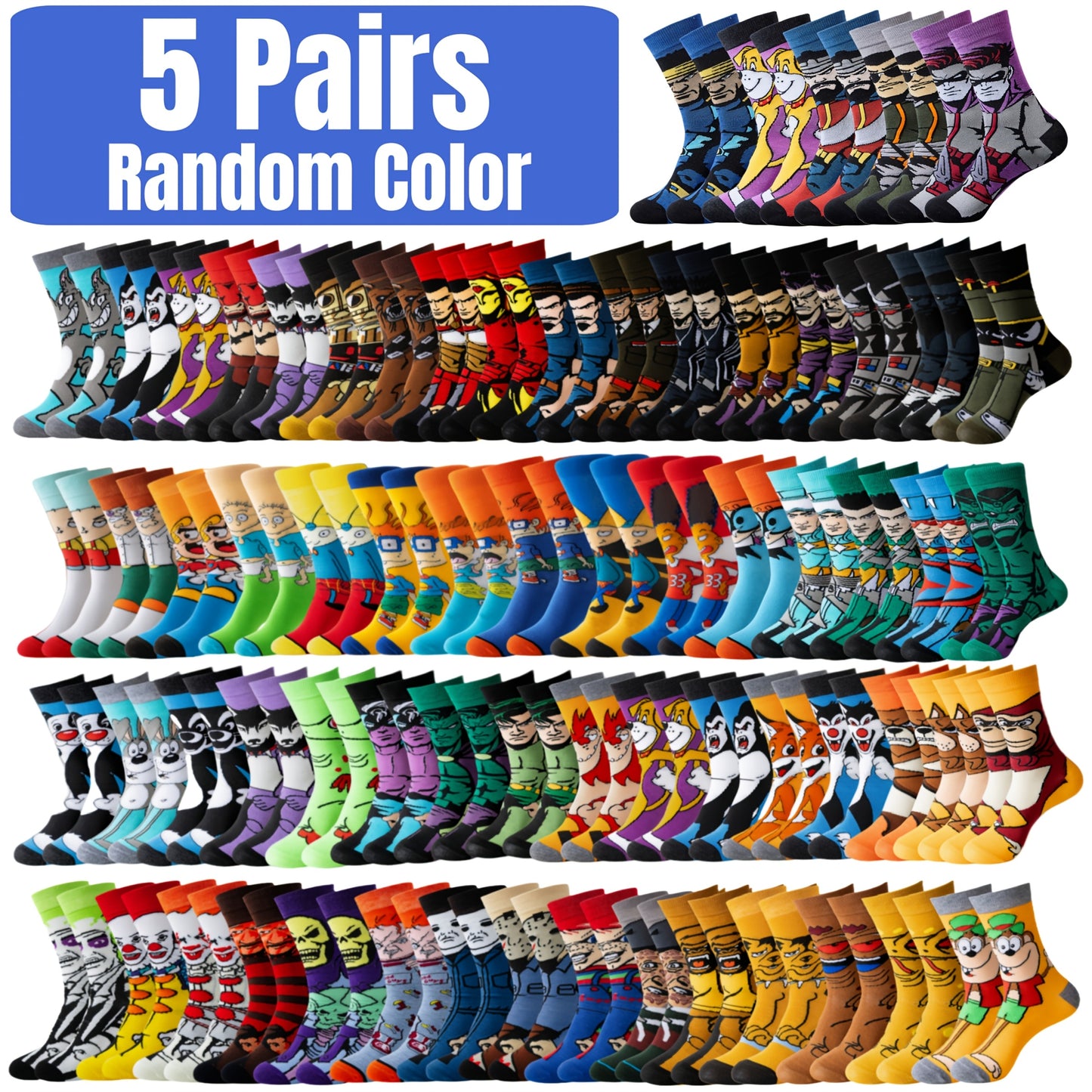 Random 5/10/12/20/22 Pairs Of Cartoon Knitted Socks Are Novel, Fun And Casual, A Novel Gift for Both Men And Women, Breathable, Comfortable And Casual Street Style Mid Tube Socks, Suitable for Outdoor Wear, Four Season Women's Socks, Unisex