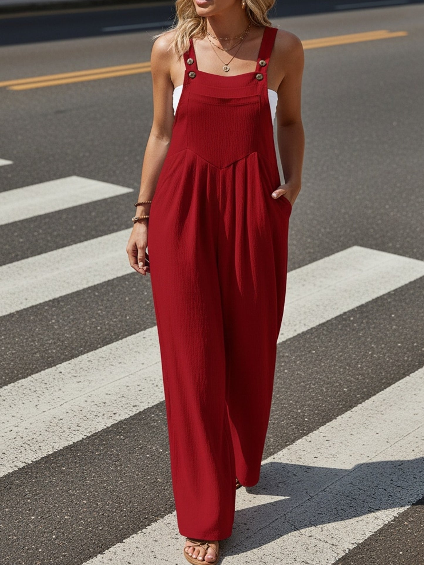 Plus Size - Plus Size - Curve Casual Women'S Spring And Summer Button Back Tie One-Piece Pants - Back Tie Button Design, Thin Thickness, Loose Fit - Spring And Summer Plus Size Women'S Vacation Jumpsuits