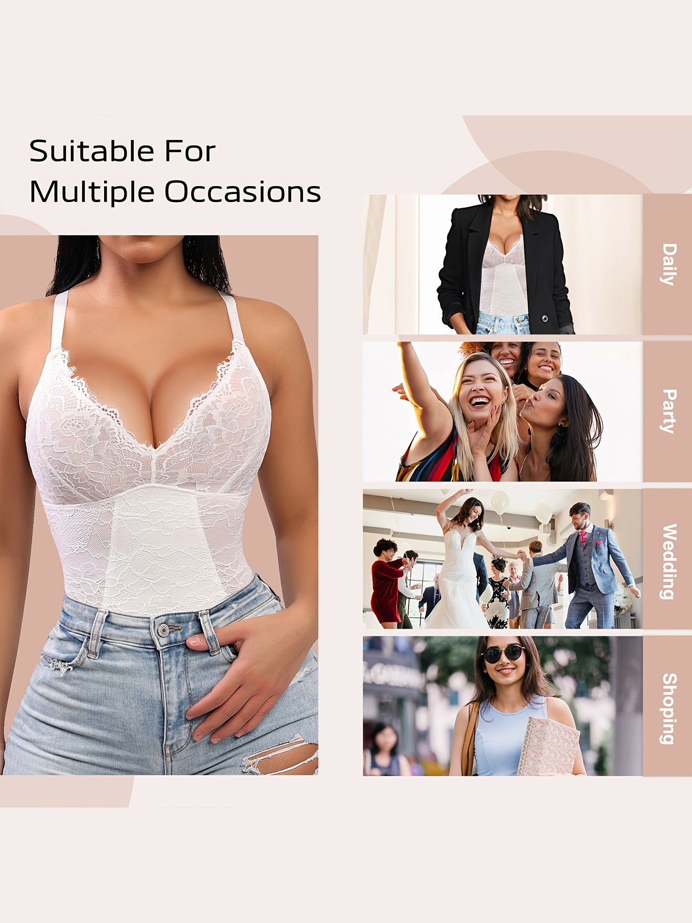 Sleeveless V-Neck Lace Bodysuit for Women, Tummy Control Shapewear Jumpsuit