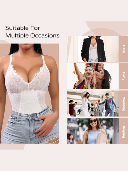 Sleeveless V-Neck Lace Bodysuit for Women, Tummy Control Shapewear Jumpsuit