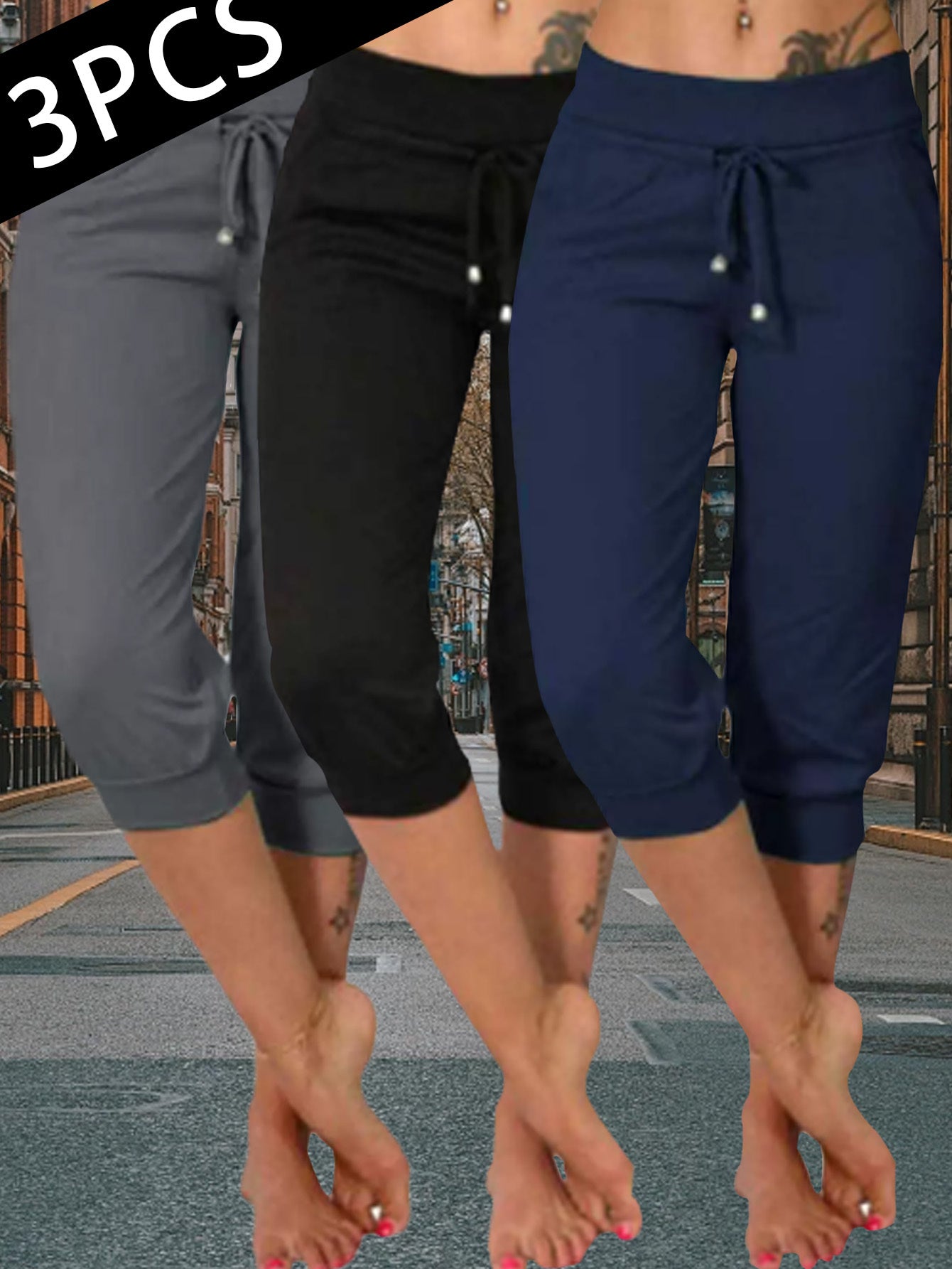 FOEIERAA 3-Pack Ladies' Slim Fit Joggers - High-Waisted, 7/ 8 Length With Drawstring Pockets - Great For Fitness, Errands & Loungewear