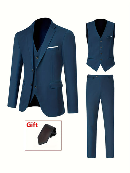 4pcs Luxury Classic Mens Solid Dress Suit Set - Lapel Jacket, Vest, And Trousers, Regular Fit, Long Sleeve, Conventional Contour, Perfect for Wedding Banquet, Business Meetings - High-Quality Fabric, Comfortable Wear, And Stylish Design