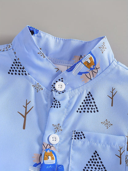 Summer Attire for Young Boys: A Two-Piece Beach Featuring a Button-Up Shirt with Cartoon Car Design And Plain Shorts, for Outdoor