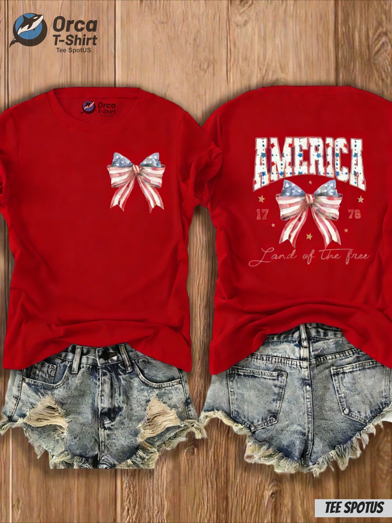 Women's America "Land of the Free" Bow & Flag Print T-Shirt - 4th of July Outfit, Casual Crew Neck Top with Map Design Suitable for Spring Summer, Gift (Local Shipping)