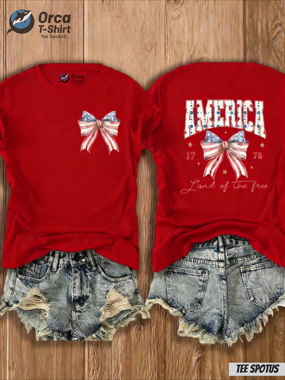 Women's America "Land of the Free" Bow & Flag Print T-Shirt - 4th of July Outfit, Casual Crew Neck Top with Map Design Suitable for Spring Summer, Gift (Local Shipping)