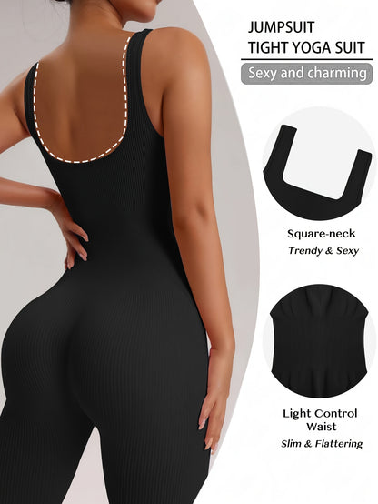 1pc YEFECY Women'S Sleeveless Square Collar Jumpsuit | 90% Nylon and 10% Elastic Fabric, Comfortable Thick, Impervious, Washable, Reusable, Suitable for Any Event, Exercise, Fitness, Pilates, Running, Yoga